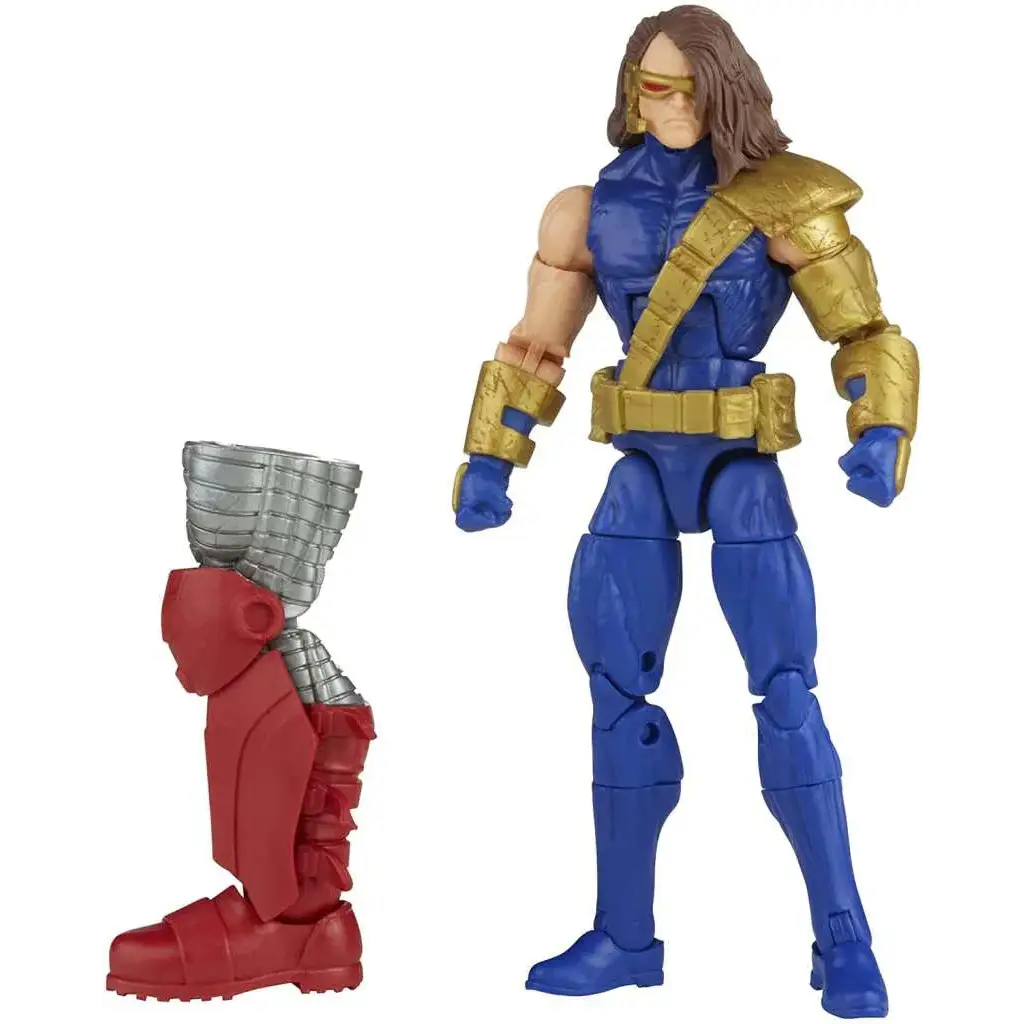 Blå och gul Marvel Legends Bucky Barnes-figur med avtagbart rött och silverben, AOA Cyclops-produkt