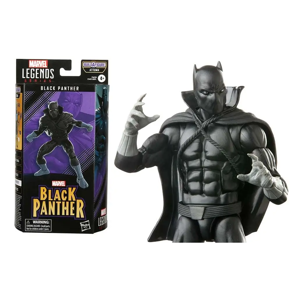 Svartpanter actionfigur från Marvel Legends, svart och grå med detaljerad muskulatur, mantel och mask
