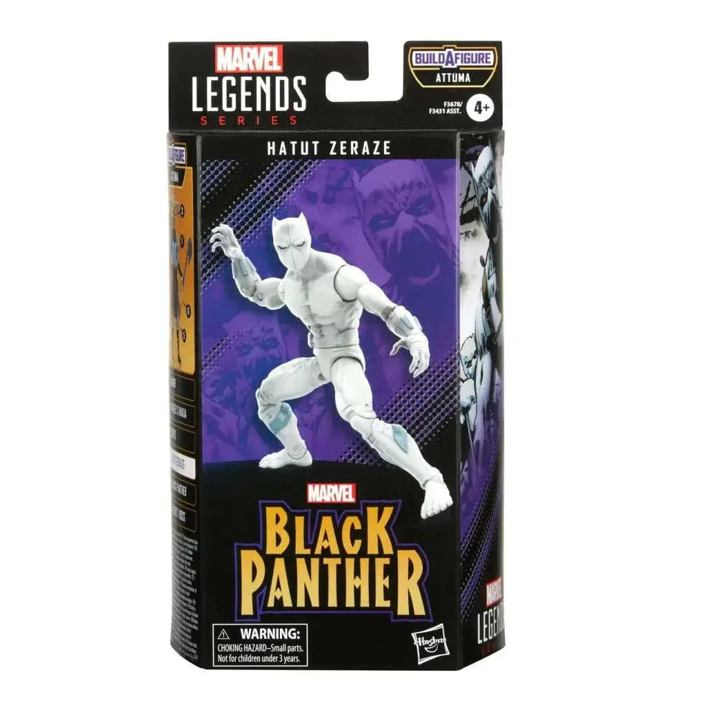 Vit Marvel Legends Hatut Zeraze-figur i dynamisk pose med vit panter, lila och svart förpackning