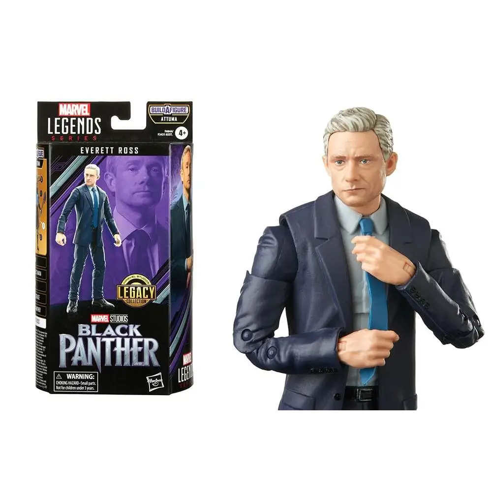 Svartblå kostym med ljusgrå skjorta och ljusblå slips på Everett Ross Marvel Legends Black Panther-figur