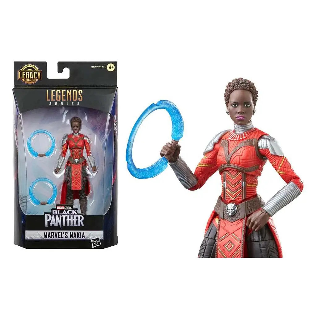 Marvel Legends Black Panther Nakia actionfigur i röd och silver rustning med svarta accenter, håller blå ringvapen