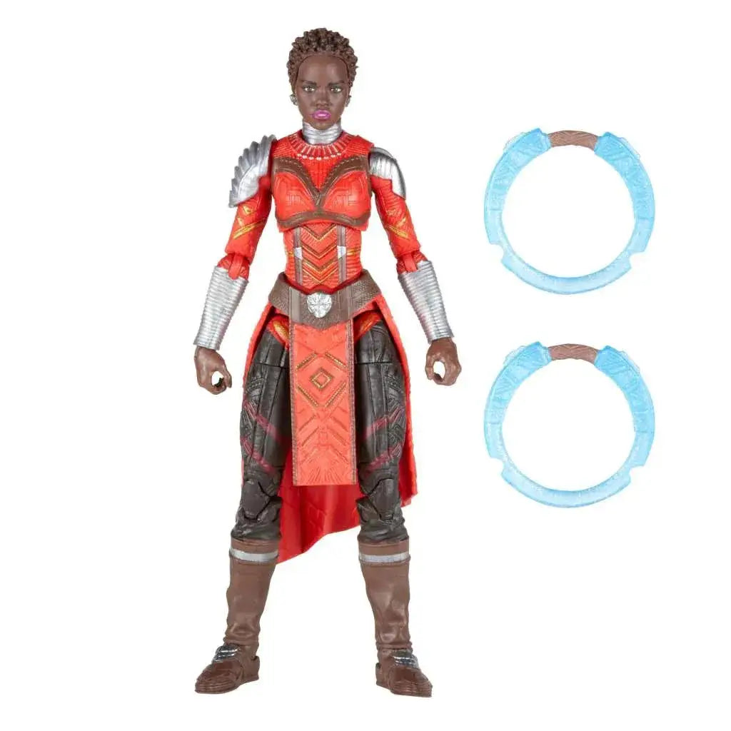 Röd och silverrustad Shuri-actionfigur med bruna stövlar, Marvel Legends Black Panther Nakia