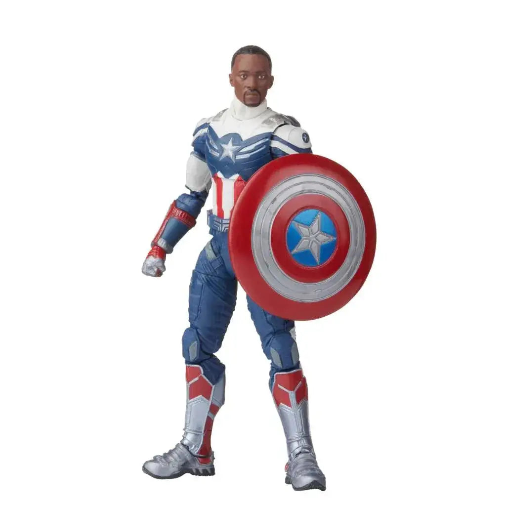 Marvel Legends Captain America 2-pack: figur i blå, vit, röd dräkt med silverdetaljer och sköld med röda, vita, blå ringar