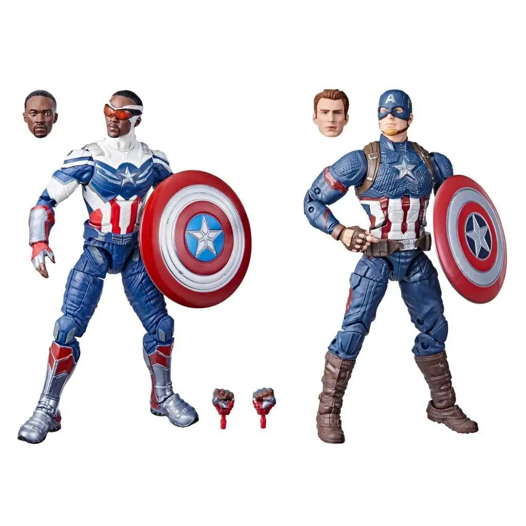 Två blåvita Captain America-figurer med röda accenter och sköldar i Marvel Legends 2-pack
