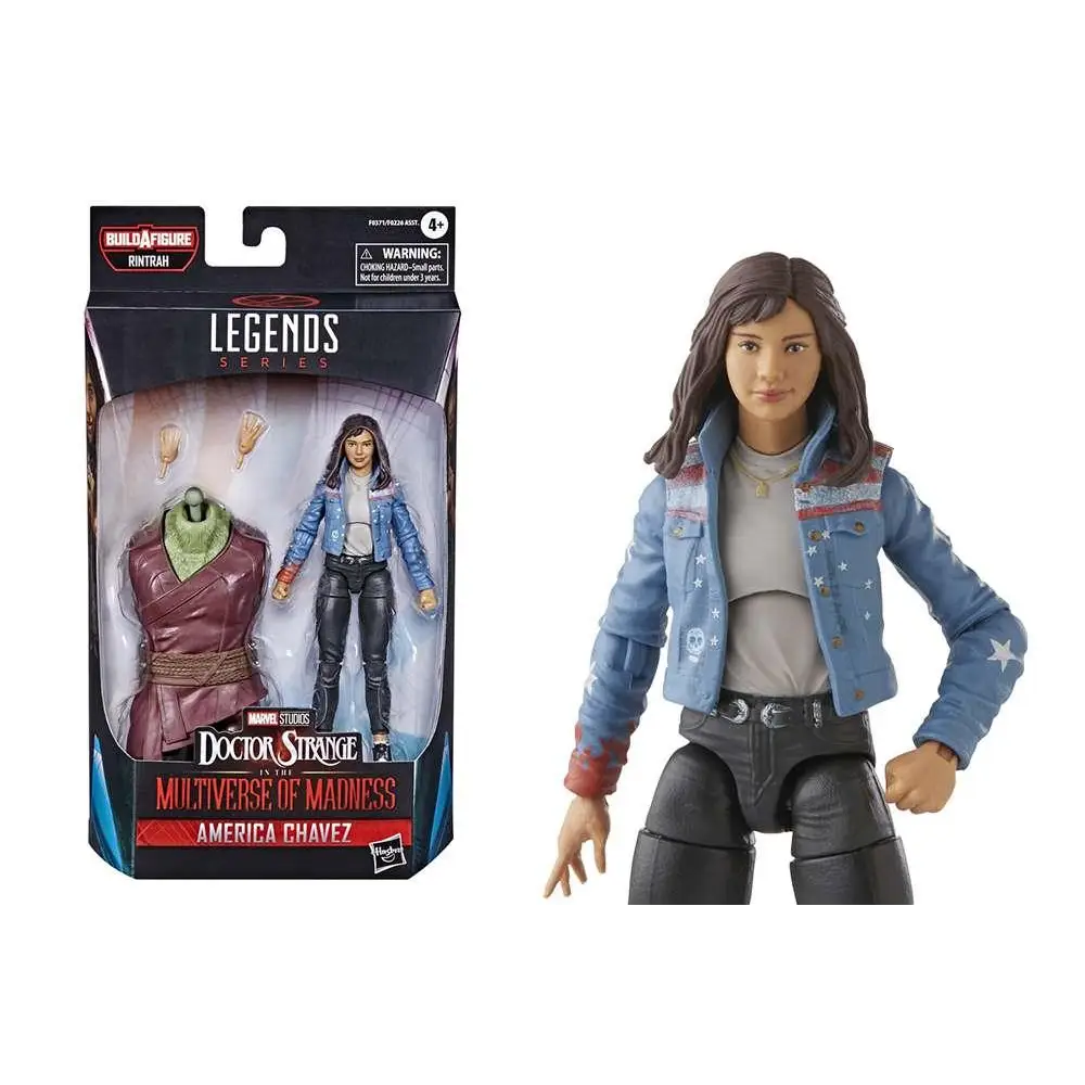 Blå jeansjacka med vita stjärnlappar och röda manschetter på Marvel Legends Doctor Strange America Chavez-figur