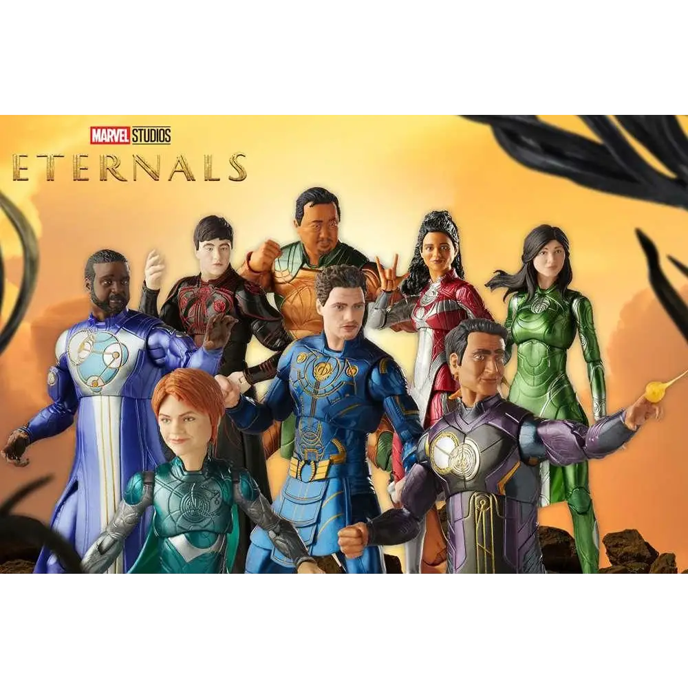 Marvel Legends Eternals actionfigurer i detaljerade, färgglada kostymer med metalliska och tyg-liknande texturer