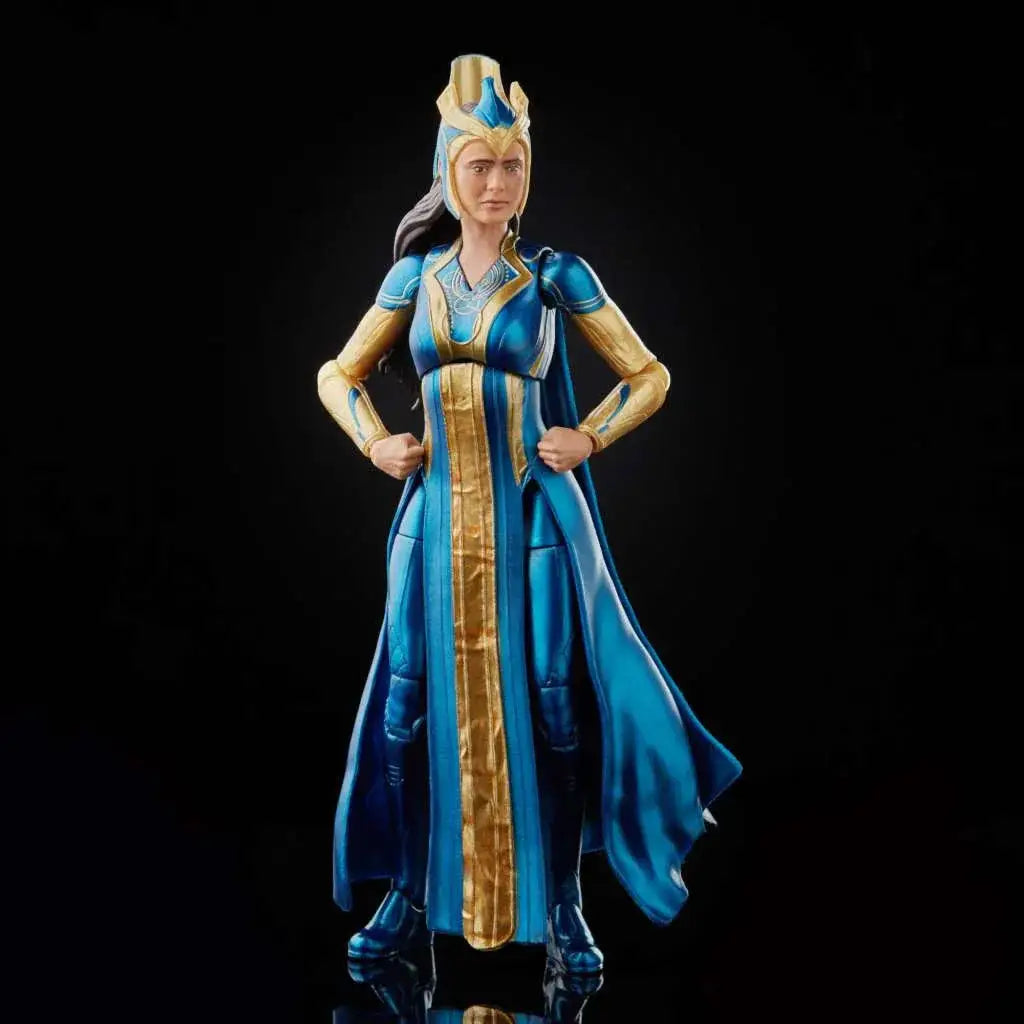 Blå och guld rustad Ajak-figur i flytande klänning med krona, Marvel Legends Eternals