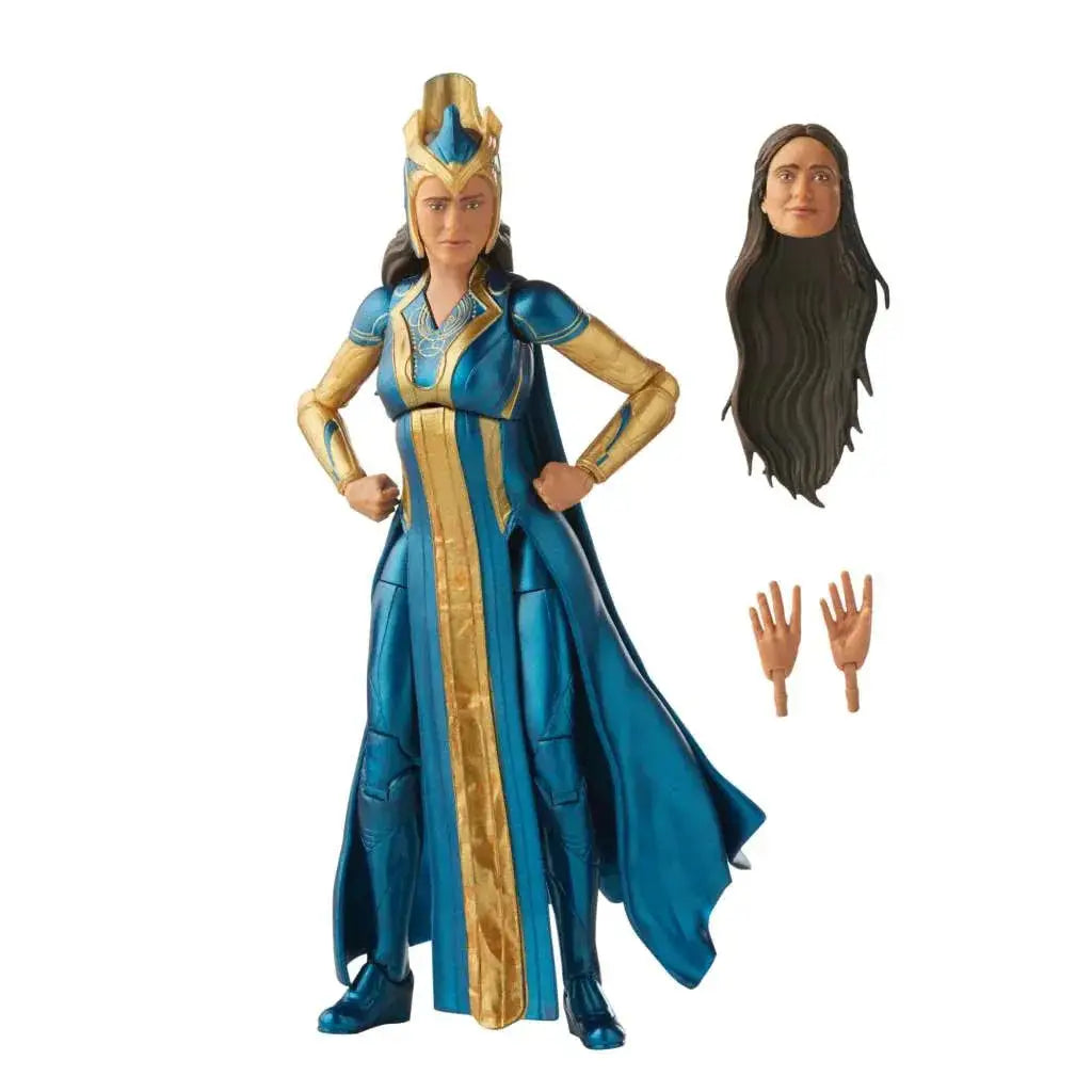 Blå och gul rustad Ajak-figur från Marvel Legends Eternals med mantel, krona och ledade lemmar