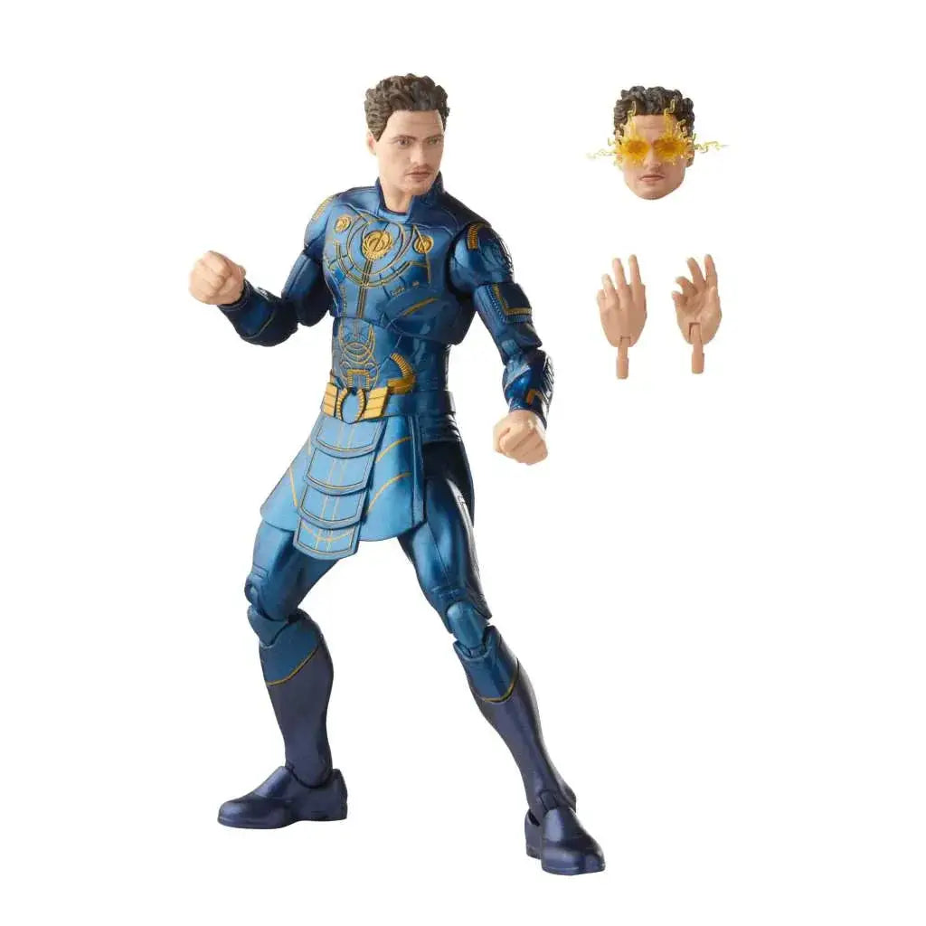 Blå och gul pansrad Marvel Legends Eternals Ikaris actionfigur med utbytbara huvud och händer
