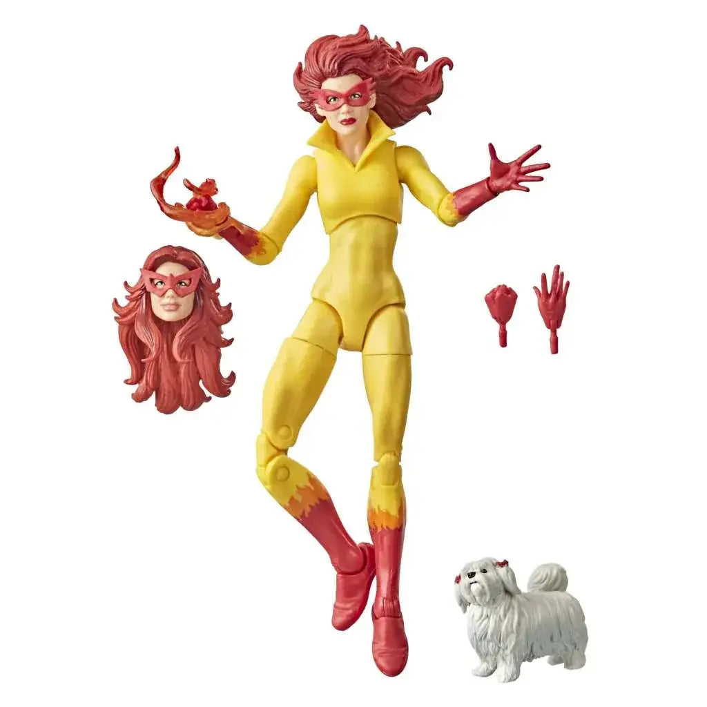 Marvel Legends Firestar actionfigur 15 cm i rött och gult med utbytbara händer, avtagbart huvud och tillbehör