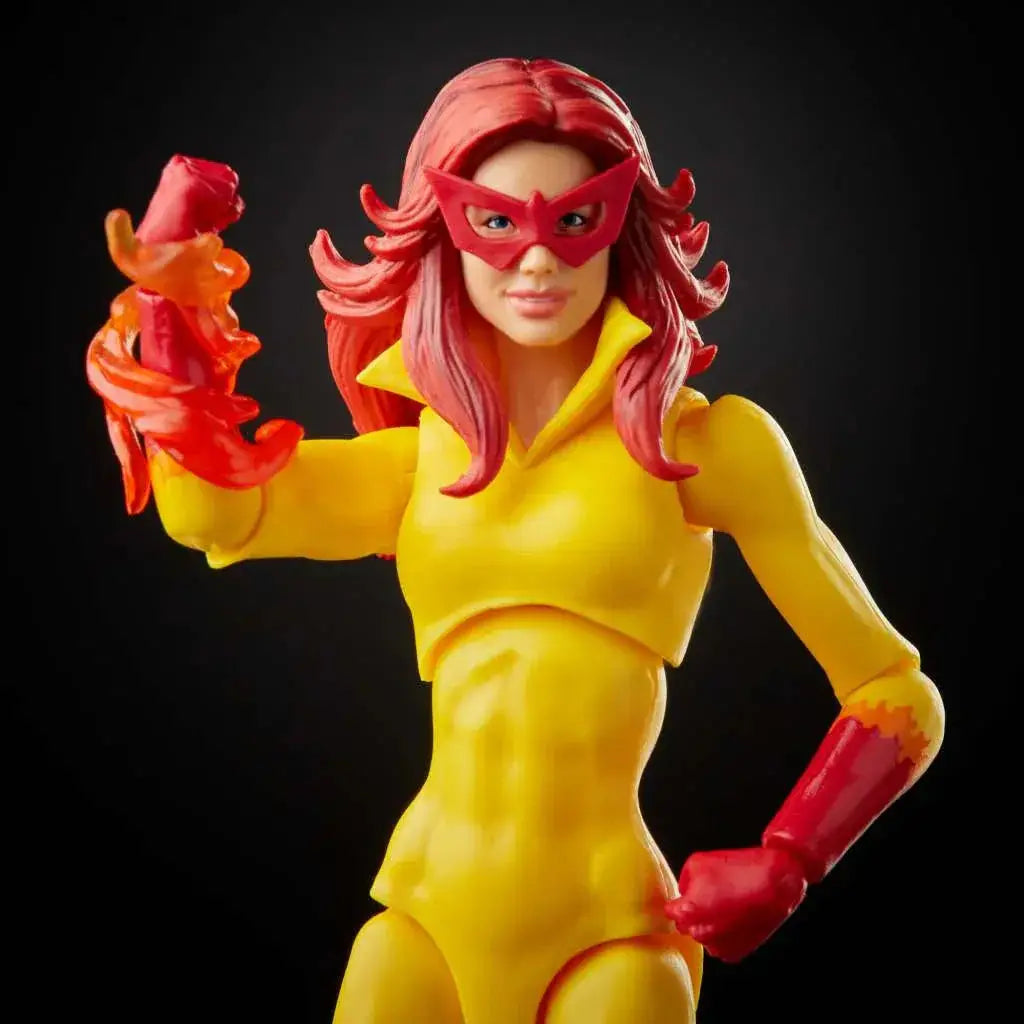 Detaljerad Marvel Legends Firestar-actionfigur 15 cm med rött hår och gul dräkt