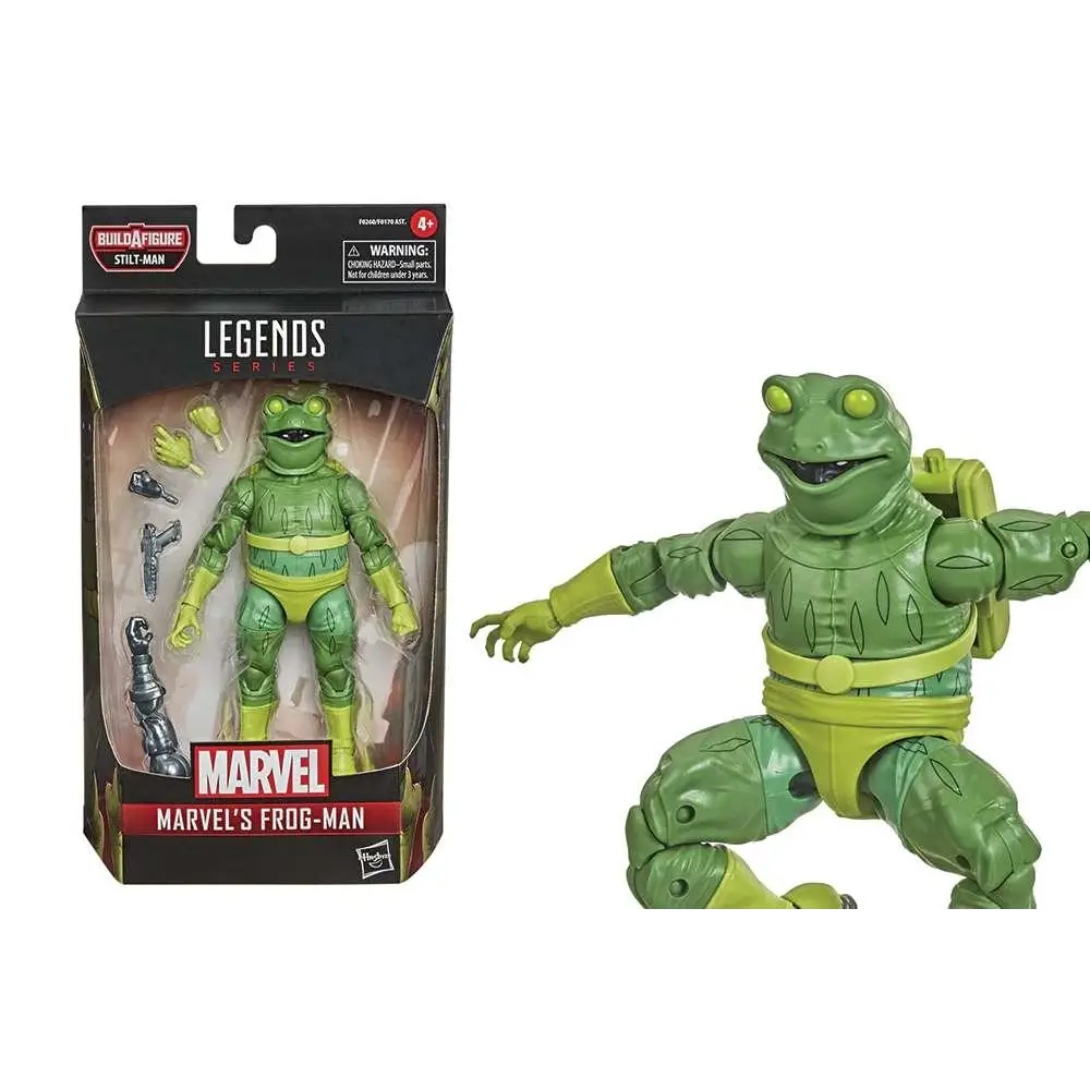 Grön Marvel Legends Frogman-actionfigur i dynamisk pose med gulddetaljer och ryggsäck