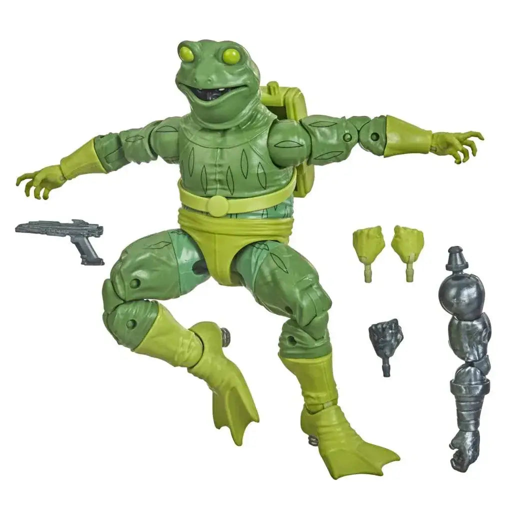 Grön Marvel Legends Frogman-actionfigur med ledade lemmar och gul bälte