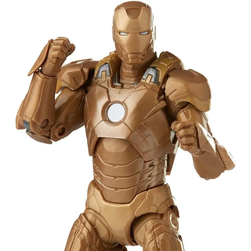 Gyllene Iron Man-figur med metallrustning och vit lysande reaktor från Marvel Legends-set