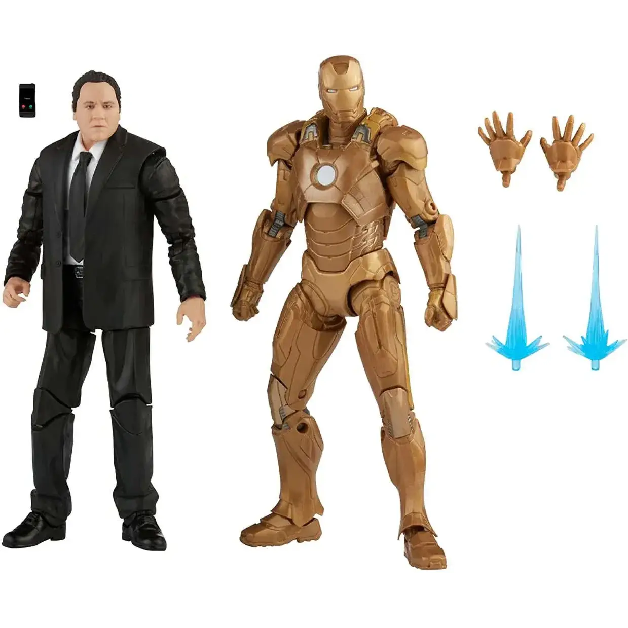 Guldtonad Iron Man MK XXI-figur med detaljerad rustning och vit lysande bröstplatta från Marvel Legends-set med Happy Hogan