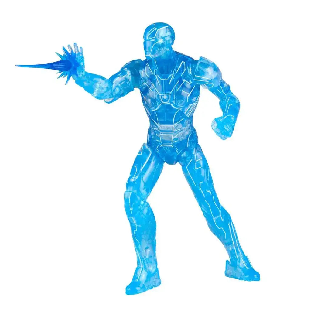 Translucerad blå Marvel Legends Hologram Iron Man-figur med vit glödande kretsar och blå energiblast från höjd hand