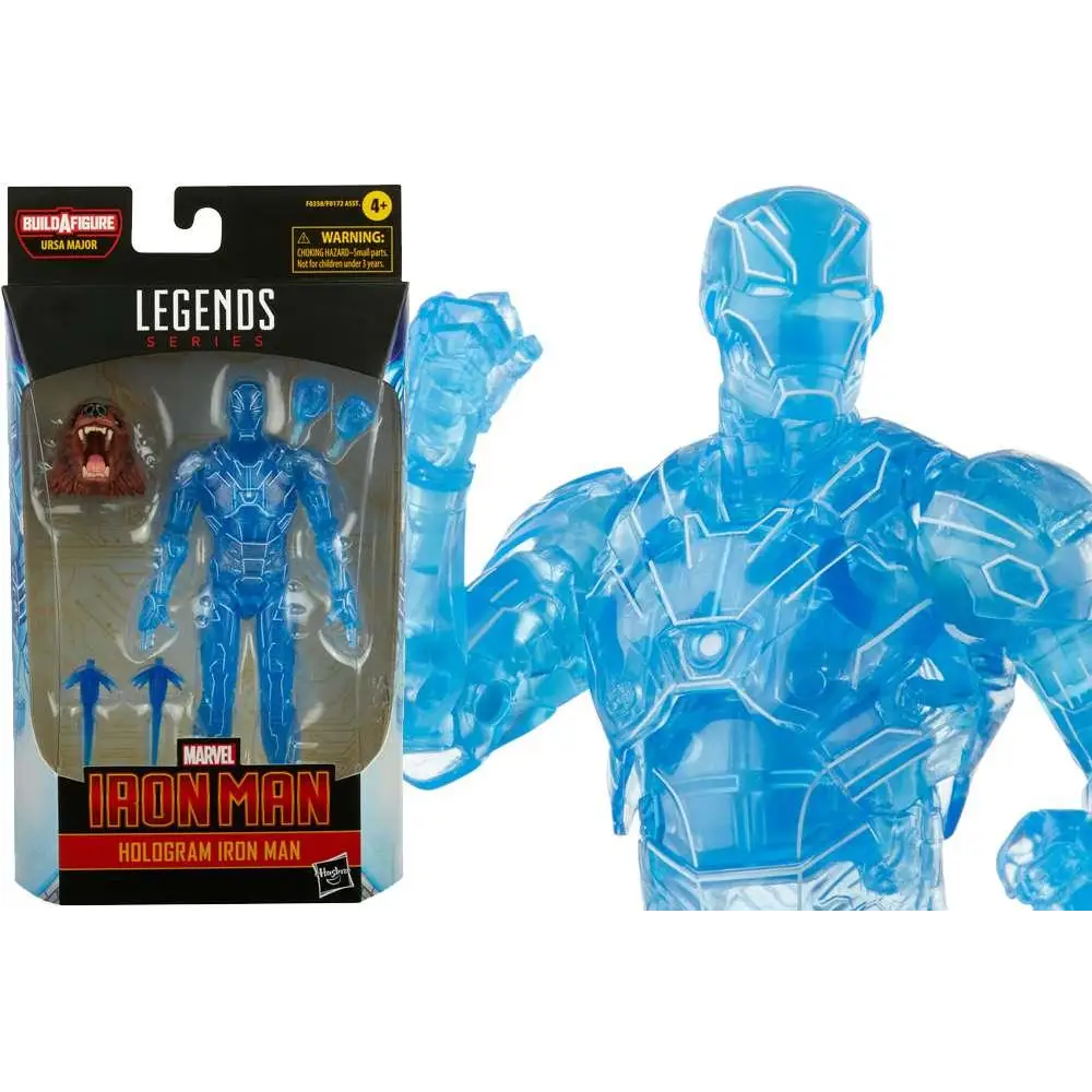 Transparent blå holografisk Iron Man-actionfigur i Marvel Legends-förpackning