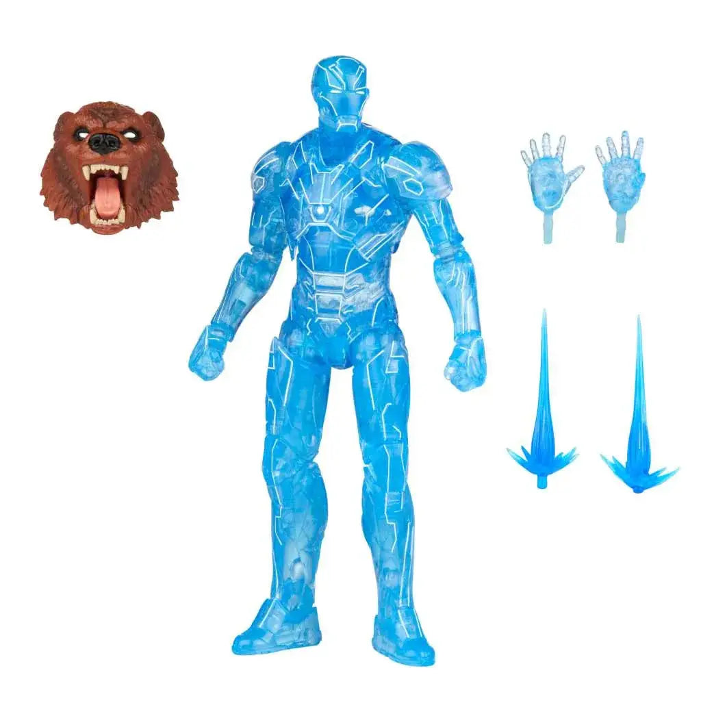 Translucent blå Marvel Legends Hologram Iron Man-figur med björnhuvud och isspjut
