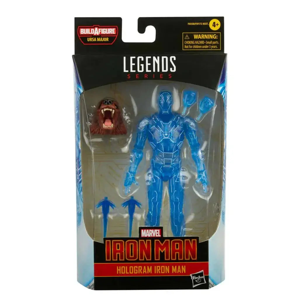 Blå genomskinlig hologram Iron Man actionfigur i Marvel Legends-förpackning