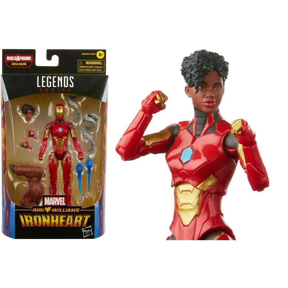 Röd och gul Ironheart-actionfigur i dynamisk pose med detaljerad rustning