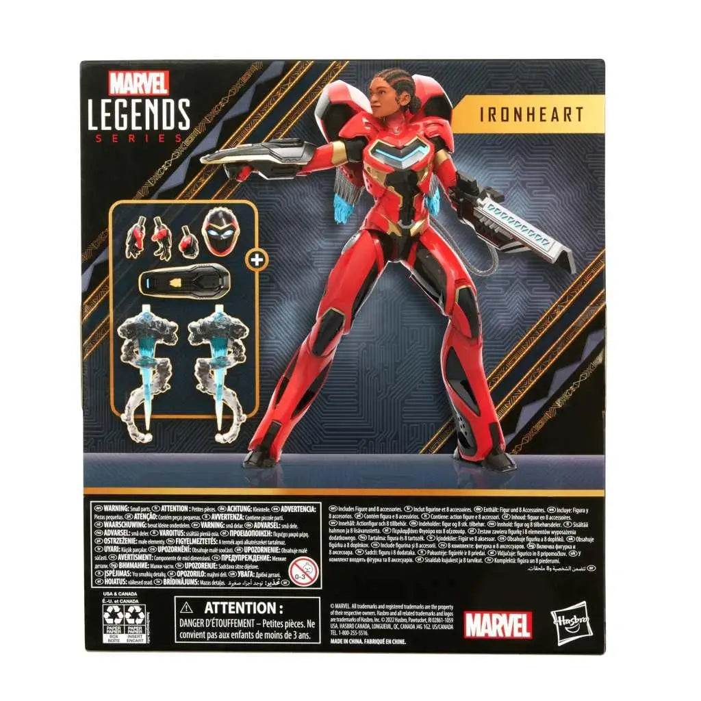 Röd och svart Ironheart-actionfigur med blå accenter från Marvel Legends
