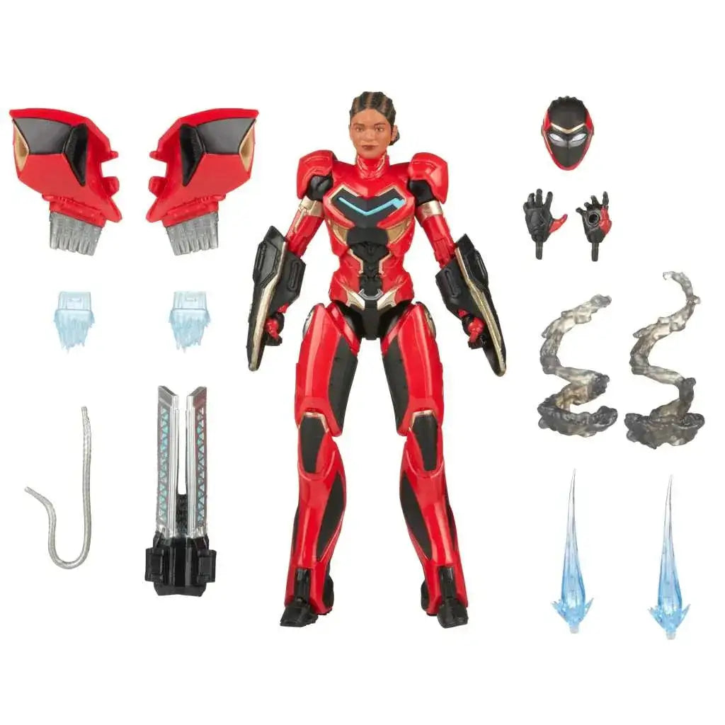 Röd och svart rustad Ironheart-figur med guldiga accenter, Marvel Legends