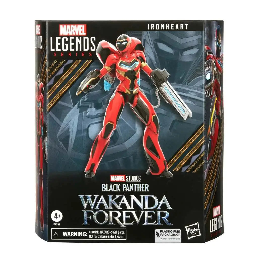 Röd och svart Ironheart-actionfigur i dynamisk pose med silver svärd från Marvel Legends Black Panther