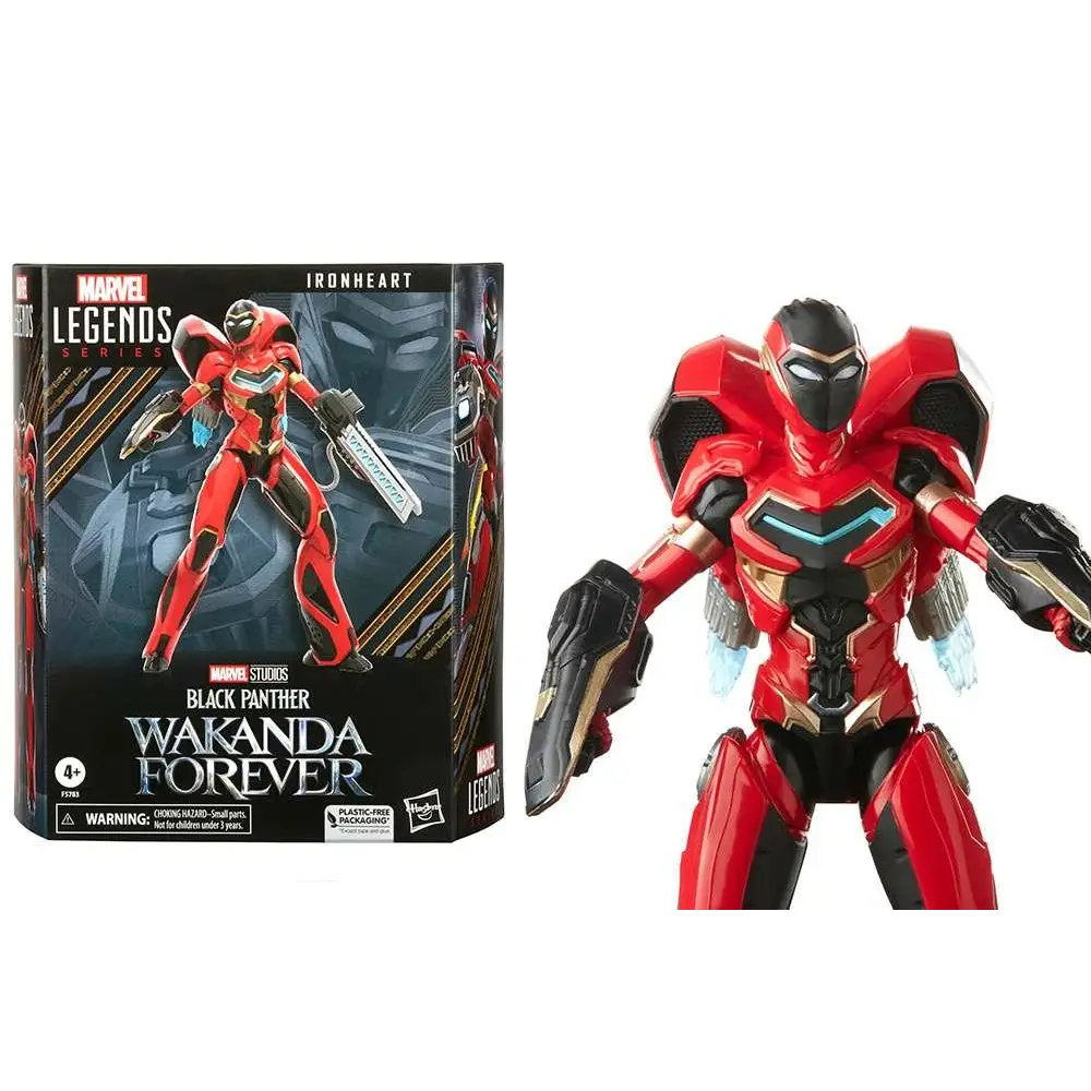 Röd och svart Marvel Legends Ironheart actionfigur med gulddetaljer och blå lysande bröst