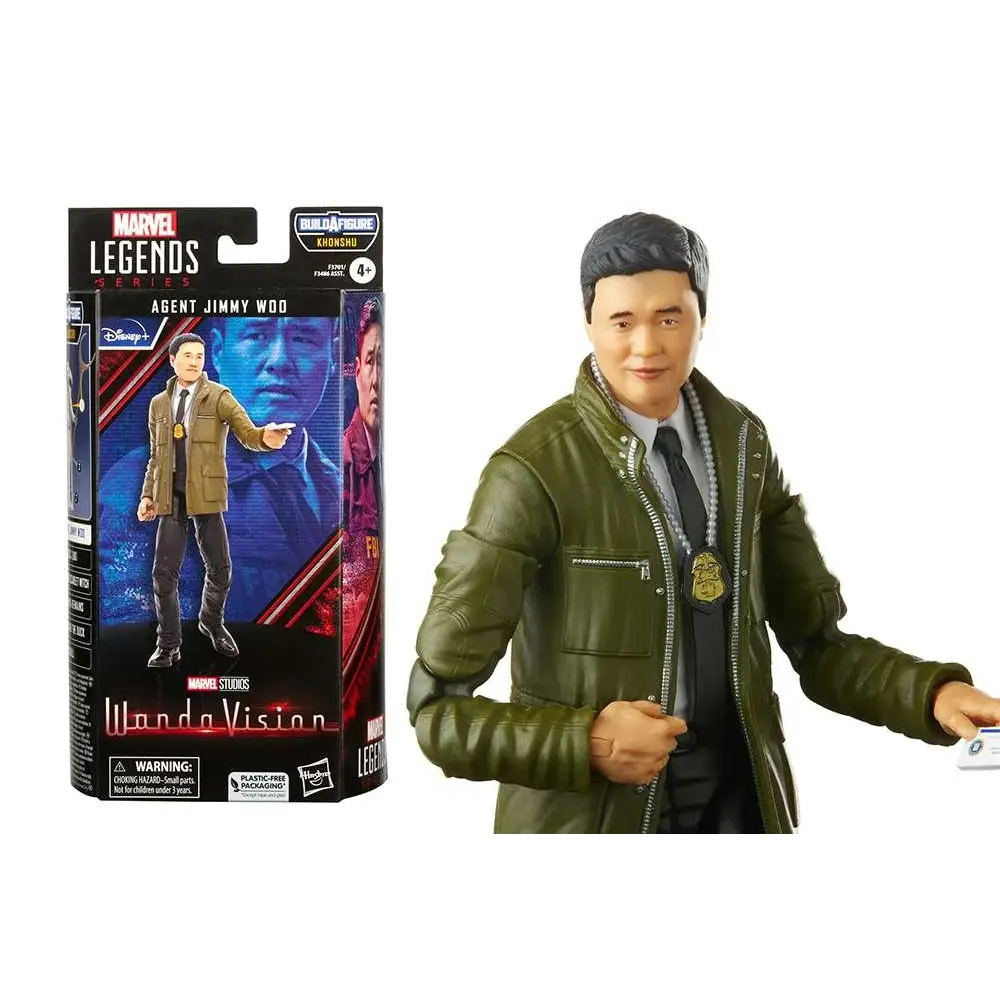 Marvel Legends Khonshu Agent Jimmy Woo actionfigur i olivgrön läderjacka och svart skjorta med guldbadge