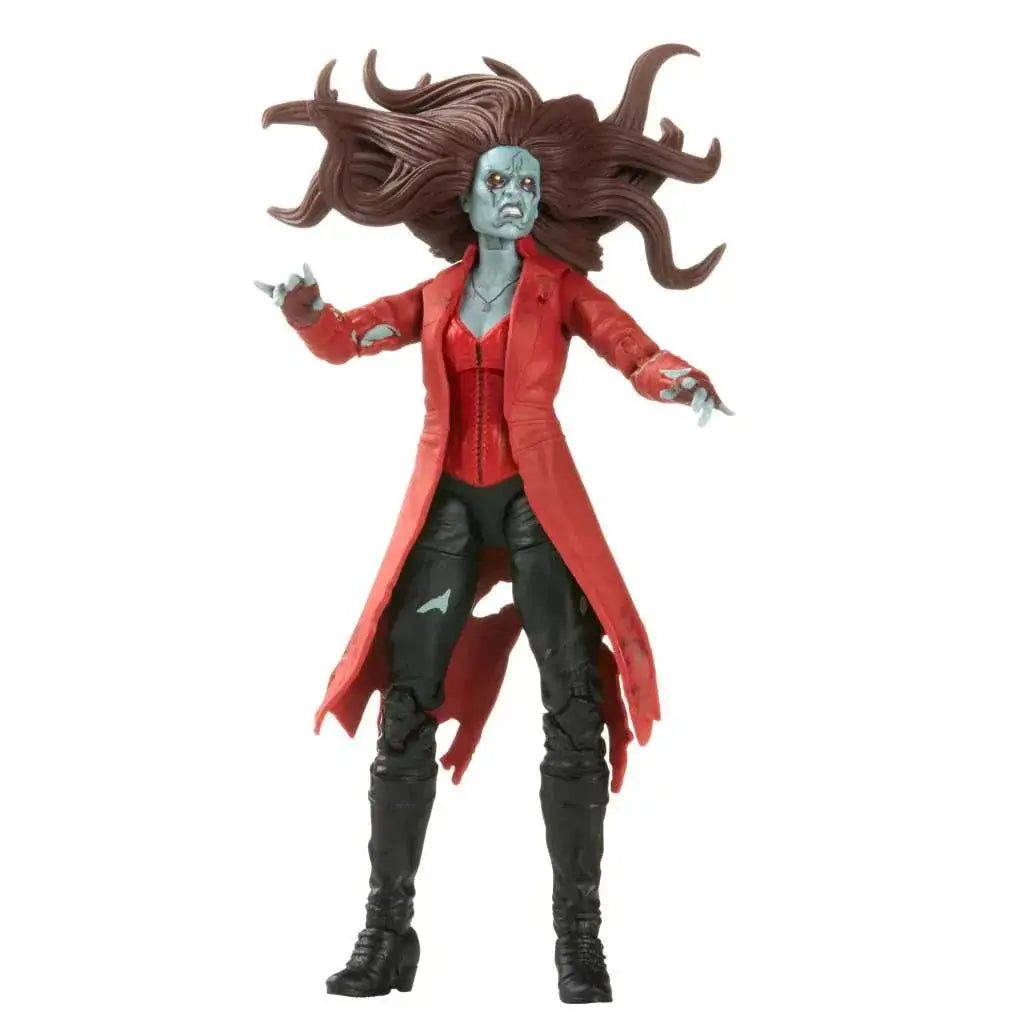 Marvel Legends Khonshu Zombie Scarlet Gamora actionfigur med brunt hår, röd kappa, svarta byxor och stövlar