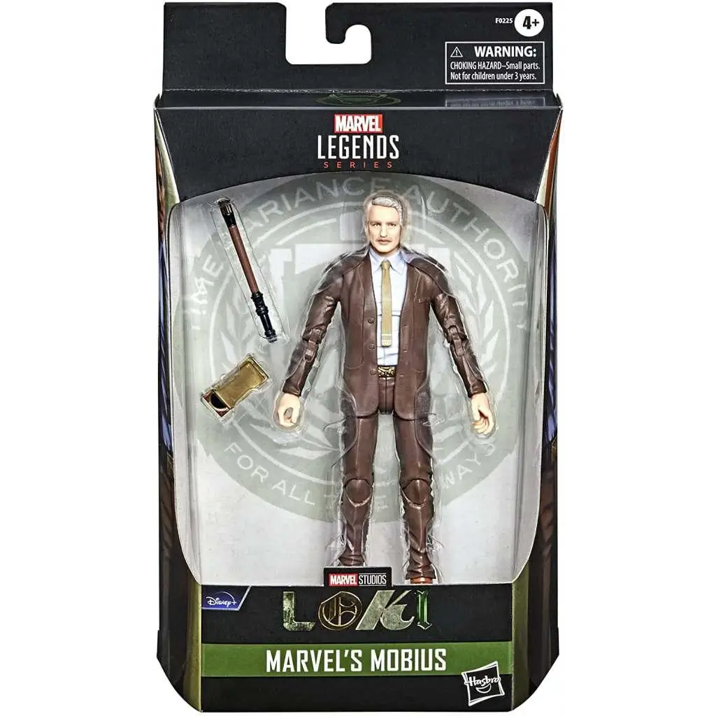 Marvel Legends Mobius actionfigur i brun kostym med guldtie, i Hasbro-förpackning