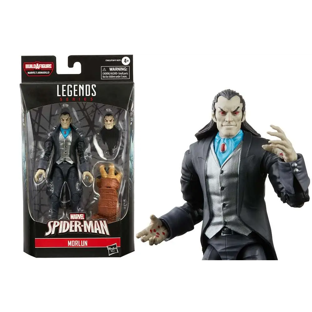 Marvel Legends Morlun actionfigur i svart kostym med silver väst, blå rosett, röda ögon och hotfull min