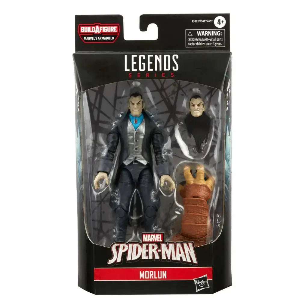Marvel Legends Morlun actionfigur i svart och silver med blå krage i förpackning