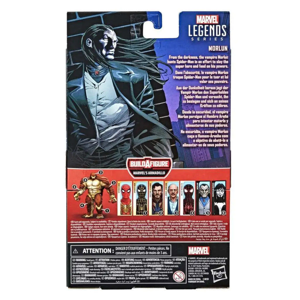 Marvel Legends Morlun-actionfigur i svart-grå dräkt med långt mörkt hår, förpackad på kartongkort