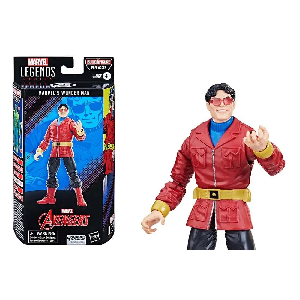 Röd Marvel Legends Puff Adder Wonder Man-actionfigur i röd jacka med rosa solglasögon