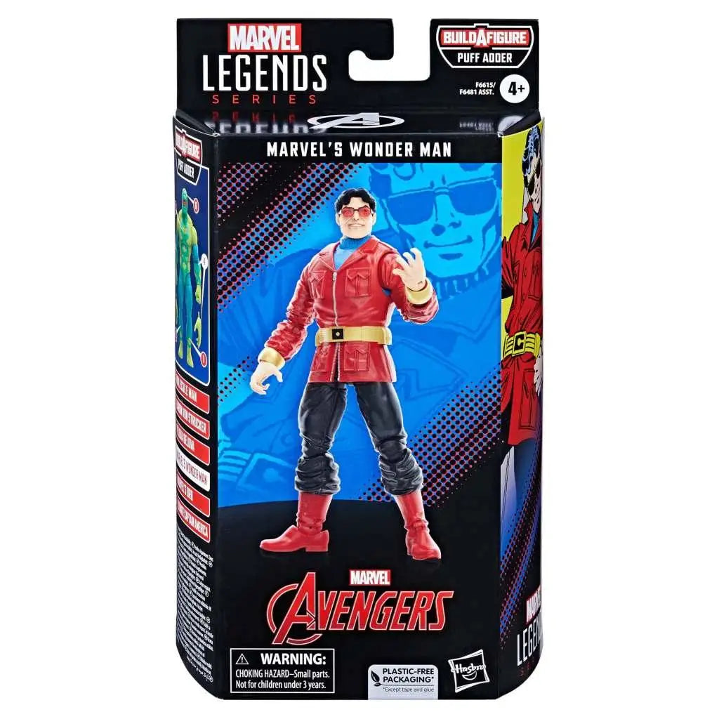 Marvel Legends Puff Adder Wonder Man actionfigur i röd jacka, svarta byxor och röda stövlar med gulddetaljer