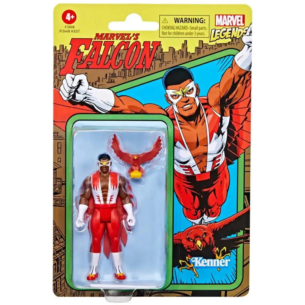 Marvel Legends Retro Falcon actionfigur i röd-vit dräkt med gul örn-tillbehör i klassisk blisterförpackning