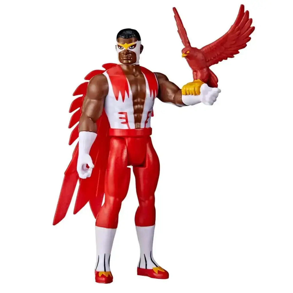 Röd och vit plastactionfigur av Hawkman med röd örn på utsträckt hand, Marvel Legends Retro Falcon