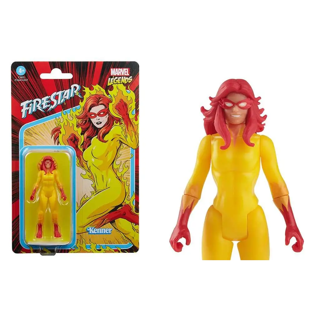 Marvel Legends Retro Firestar actionfigur i gul-röd förpackning