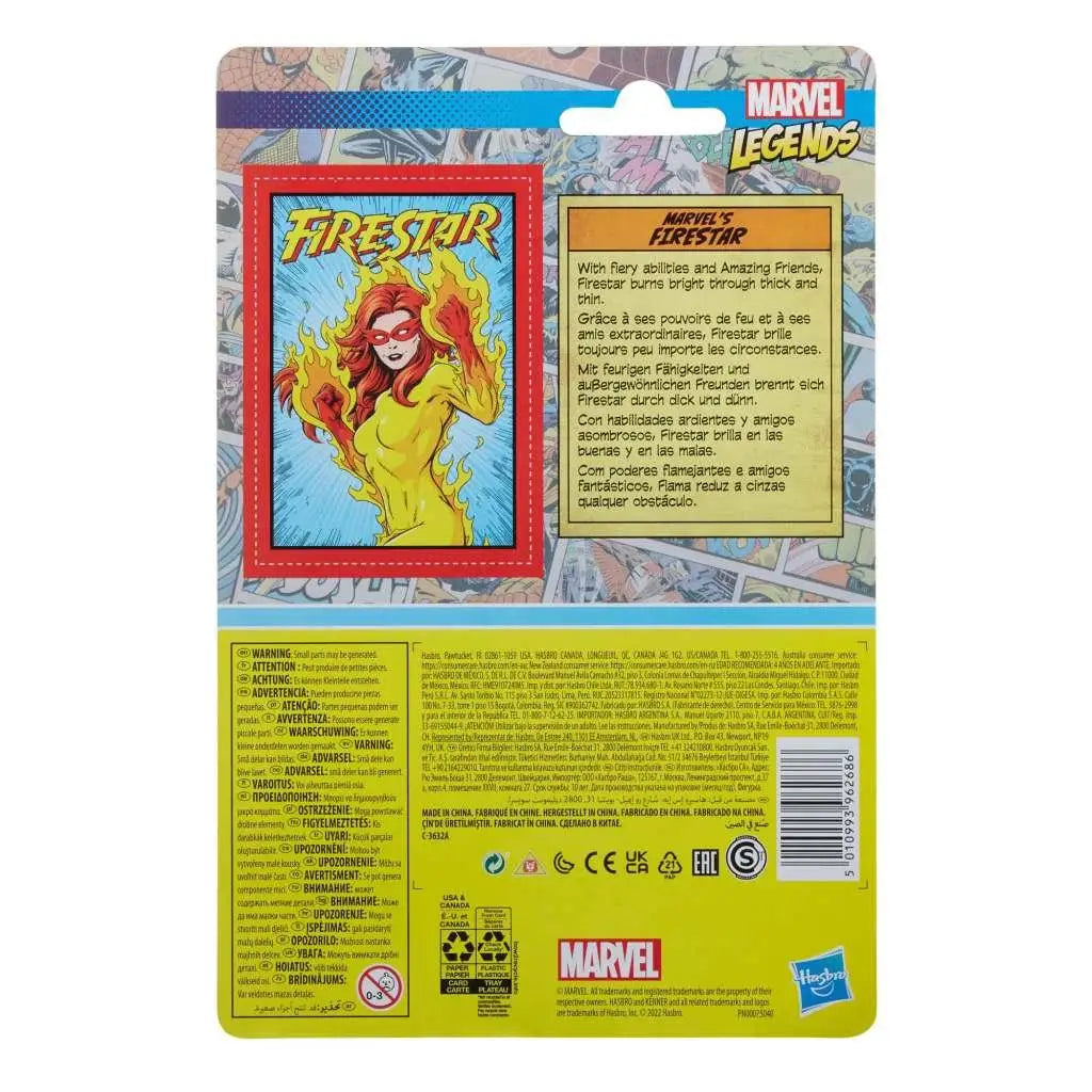 Marvel Legends Retro Firestar actionfigur i gul och röd förpackning