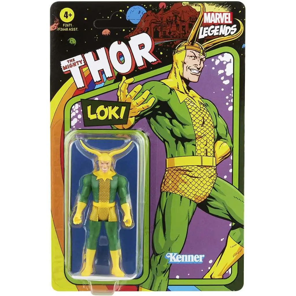 Grön och gul Loki-actionfigur i Marvel Legends Retro-blisterförpackning