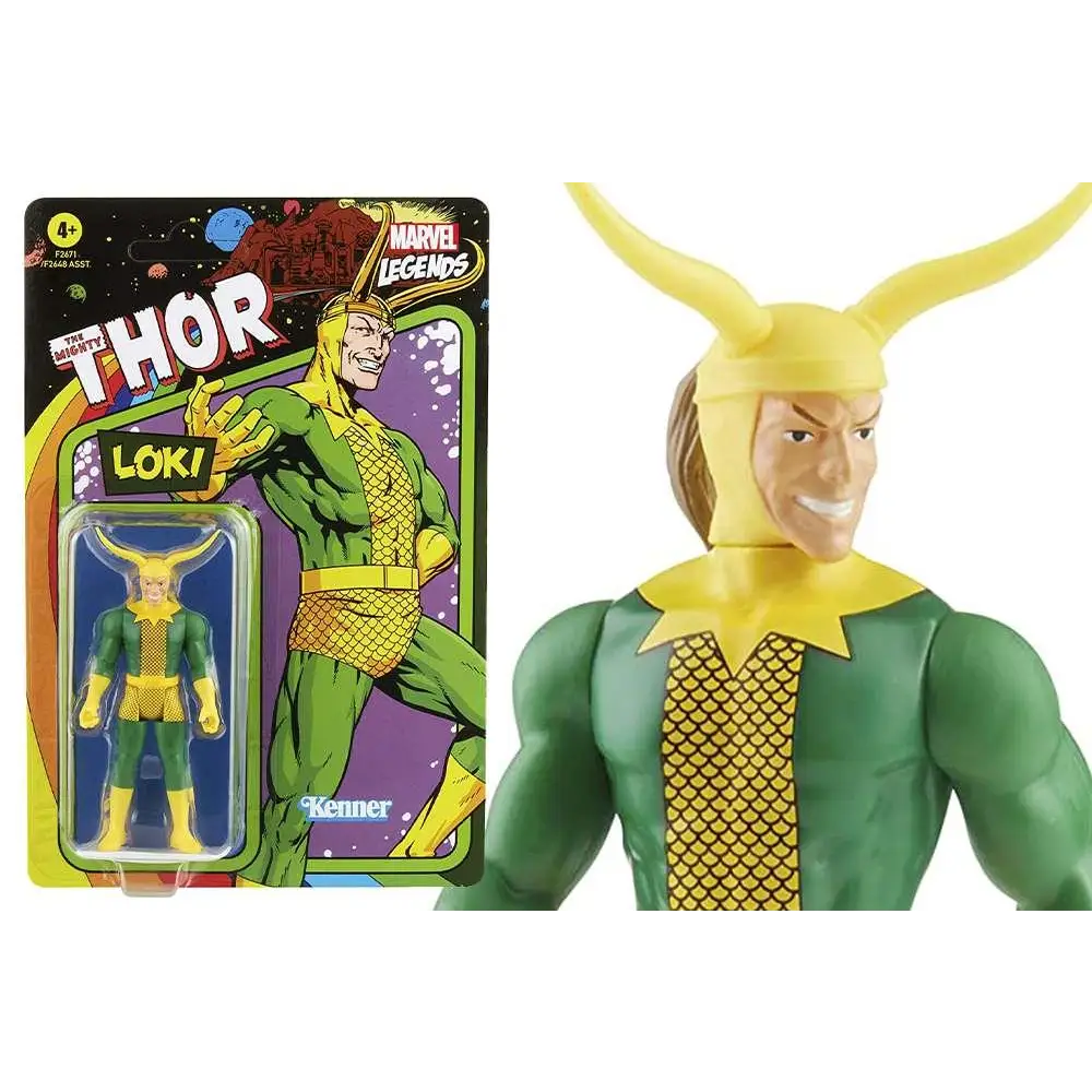 Grön och gul Marvel Legends Retro Loki-actionfigur med fiskfjällsbröstplatta och hornhjälm