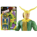 Grön och gul Marvel Legends Retro Loki-actionfigur med fiskfjällsbröstplatta och hornhjälm