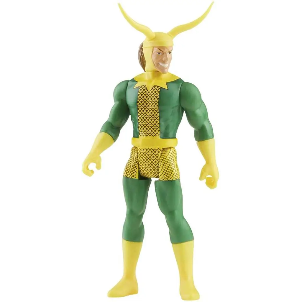 Grön och gul Loki-actionfigur med hornhjälm, skjellmönstrad bröstplatta och ledade lemmar från Marvel Legends Retro