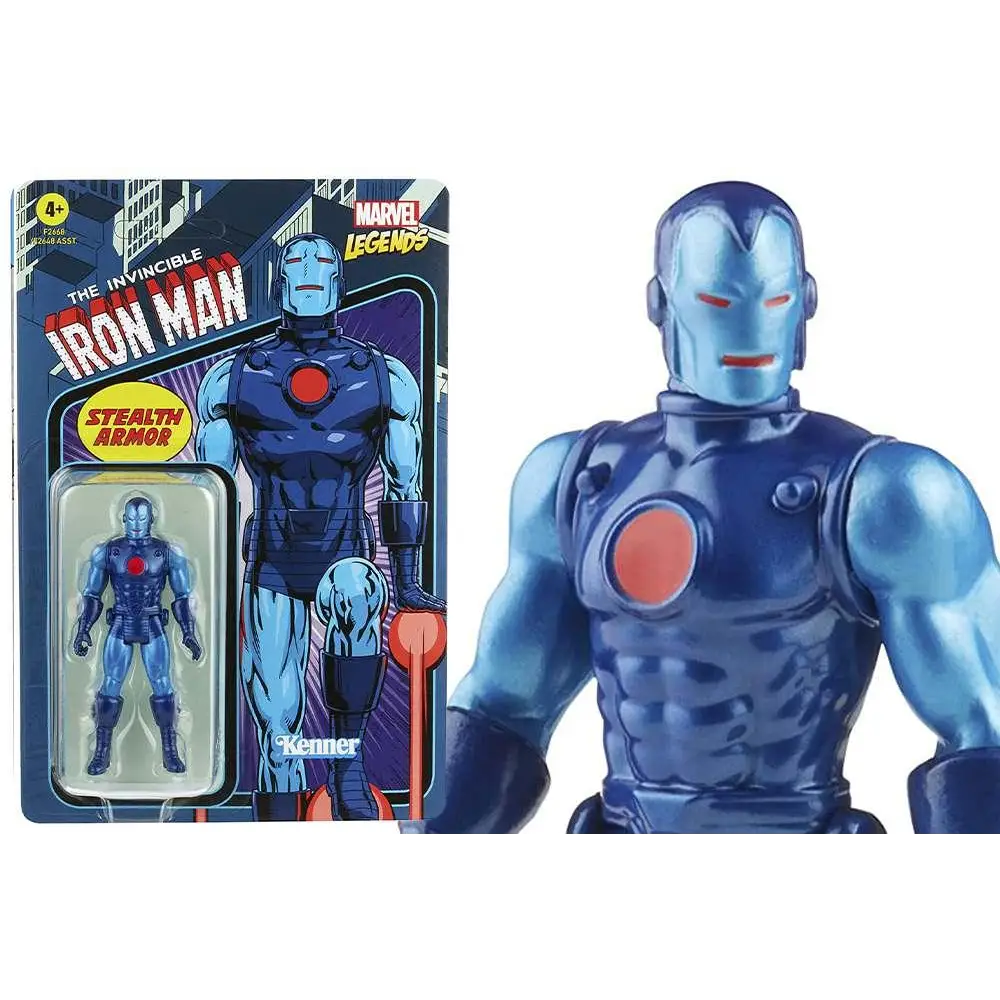 Blå metallisk Iron Man-figur i stealth-dräkt med rött emblem, Marvel Legends Retro