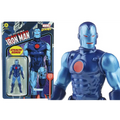Blå metallisk Iron Man-figur i stealth-dräkt med rött emblem, Marvel Legends Retro