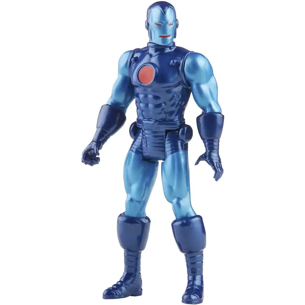 Blå metallisk Iron Man-figur i stealth-dräkt med rött emblem, Marvel Legends Retro