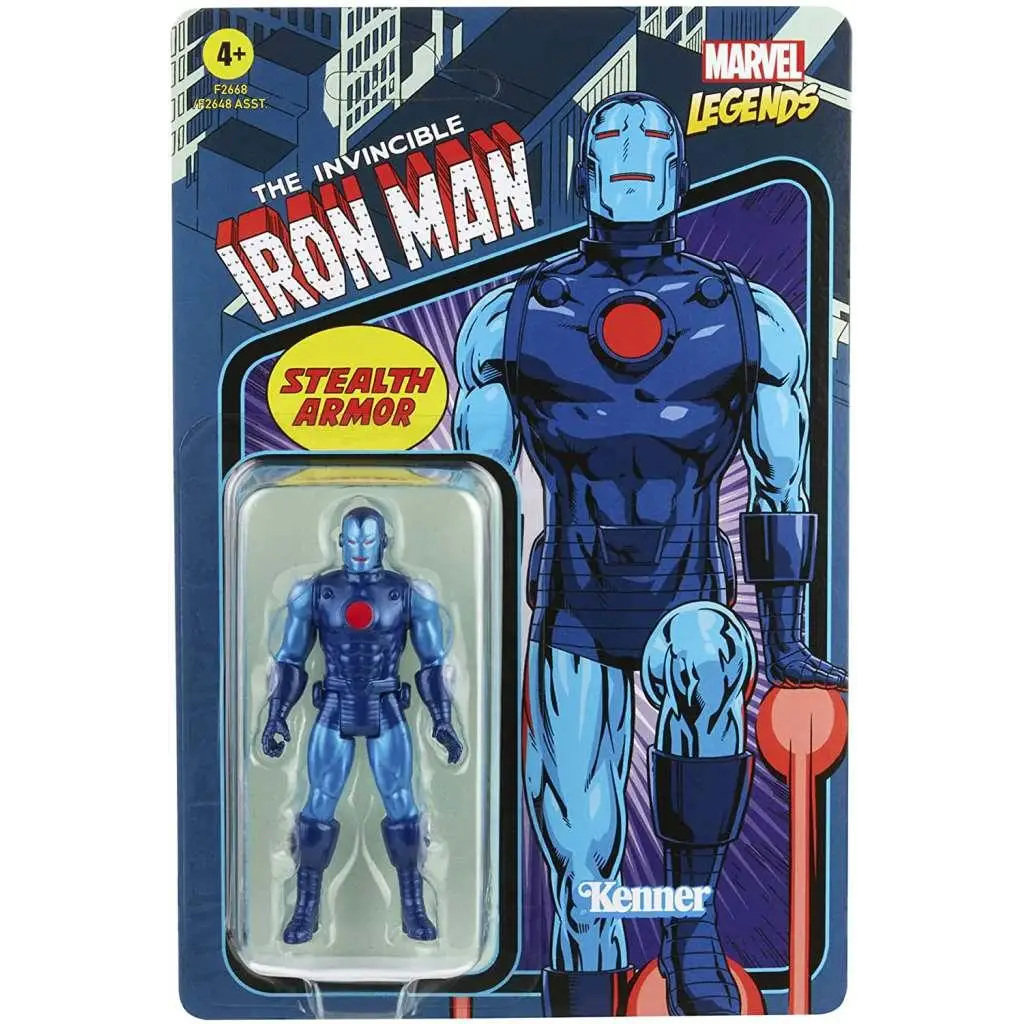 Blå metallisk Iron Man stealth rustning i retro Marvel Legends-förpackning