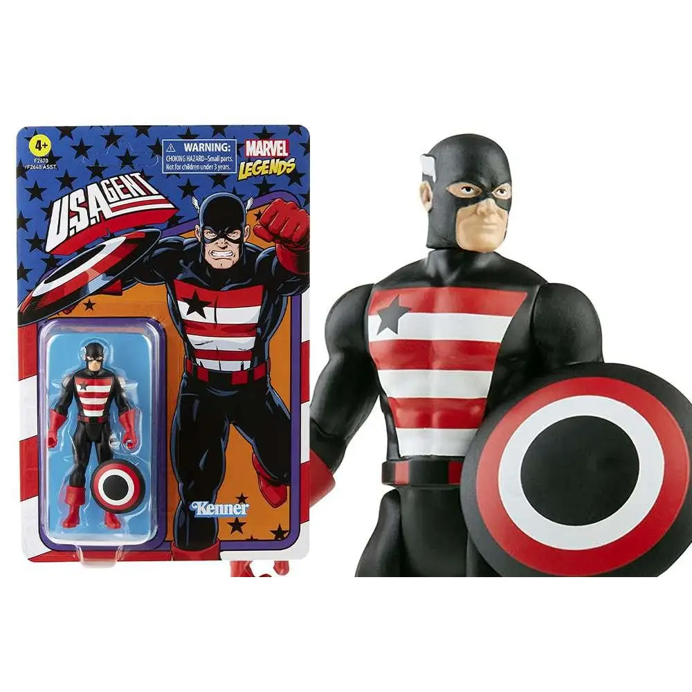 Svart, röd och vit randig Captain America-actionfigur med matchande sköld