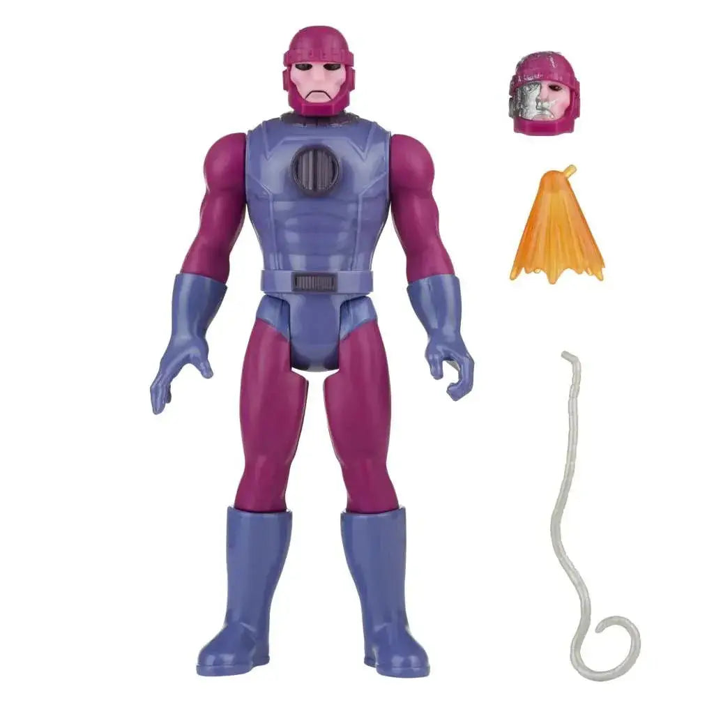 Lila och blå Marvel Legends Retro X-Men Sentinel actionfigur med avtagbart huvud, orange mantel och klar piska